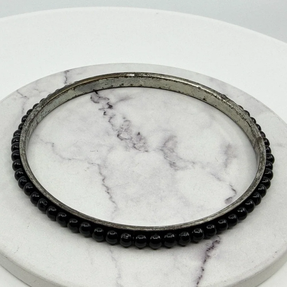 Y2K Black Bead Bangle Bracelet Slim Silver Tone Stackable Minimalist Jewelry